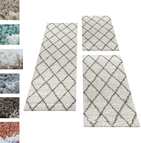 Carpettex Bettumrandung Schlafzimmer 3teilig Shaggy Teppich Hochflor Läuferset Design Creme Bettset:2 mal 60x110 + 1 mal 80x250 - Bettvorleger Schlafzimmer Weich Langflor Bettumrandung Teppich Set