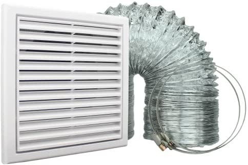 VENTS Cooker Hood Duct Vent Kit, 125mm (5-inch) Diameter. White Louvered Grille with Insect Fly Mesh, 2 Jubilee Clips, 3 Meters Semi-Rigid Metal Aluminium Ducting