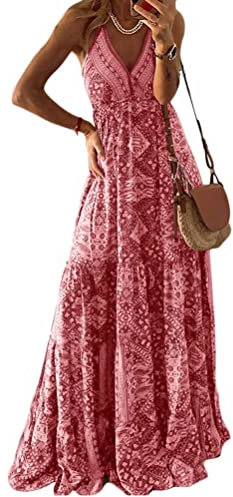 seiveini Femme Robe D'été Longue sans Manches Elegant Imprimé Fleurs Maxi Robe Fluid Col en V Robe Pas Cher Robe de Plage à Bretelles Été Robe Casual A Rose XS