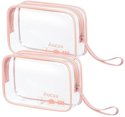 Aucuu 2 PCS Neceser de Aseo Transparente, Bolsas Portátil de Maquillaje de PVC, Bolsas Transparentes para avión, Bolsa de Cosmético Organizador Mujer Impermeables para Viajes, Almacenamiento, Baño