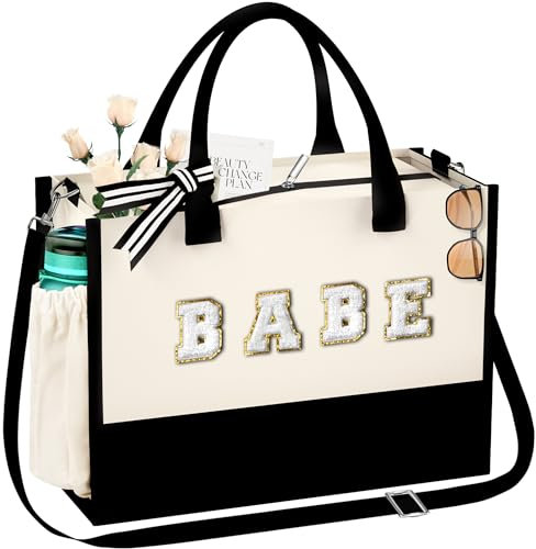 QLOVEA Chenille Patches Canvas Tote Bag with Zipper Pocket Adjustable Strap Travel Beach Bag Wedding Birthday Gifts for Women, Leinwand Weiß, Large, Babe