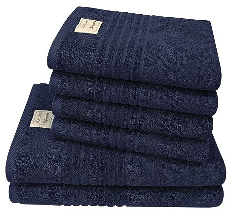 Dyckhoff 6-TLG Premium Bio Frottier Handtuch Set Nature, 4 Handtücher (50x100cm) 2 Duschtücher (70x140cm), Marine, GOTS Zertifiziert