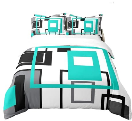 100 % natürliche Baumwolle, türkis, geometrisches Bettbezug, schwarz, weiß, blaugrün, grau, Bettwäsche-Set, Doppelbett, geometrisch, quadratisch, einfache abstrakte Streifen, modernes Bett-Set, 2