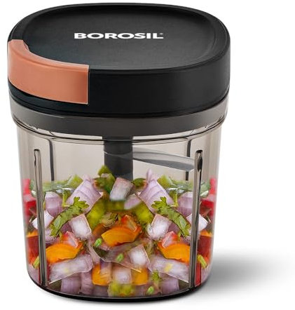 Borosil EazyPull Picadora con 6 cuchillas, picadora con cuerda duradera, mini picadora para cocina, para picar verduras, verduras de hoja verde y hierbas, sin BPA, cuenco irrompible de 900 ml