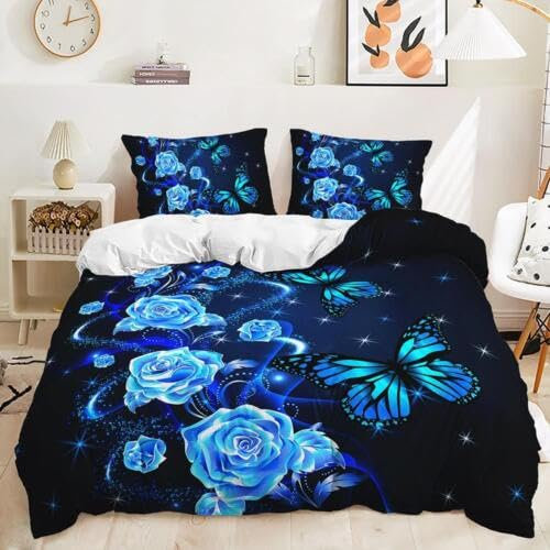 Double Duvet Set Navy Blue Rose Fluffy Double Duvet Cover 110g/㎡ Microfiber Bedding Double Bed Set with Zipper + 2 Pillow Cases (19x29) Also as Teenage Home Decor