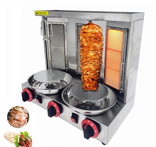 INTSUPERMAI Shawarma Grill Machine LP Gas Doner Kebab Machine Vertical Broiler Gyro Machine Meat Roasting Machine with 3 Burners Countertop Rotating Doner Kebab Oven for Home Commicial Restaurant Use