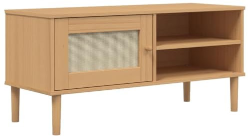 vidaXL TV Schrank, Fernsehschrank mit 3 Fächern 1 Tür, Lowboard HiFi Schrank mit Rattan-Optik, Fernsehtisch TV Möbel, Braun Kiefernholz