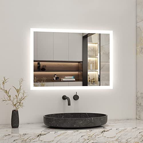 Biubiubath Bathroom LED Mirror 800x600mm with Shaver Socket and 2 USB Ports, Demister Pad Touch Sensor 6500K Cool White Lights Energy-Saving LED Mirrors IP44 Rated