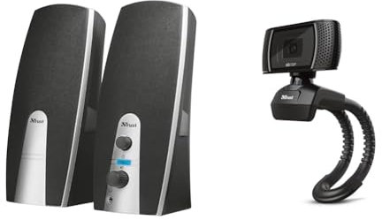 Trust Mila Set Altoparlanti 2.0, nero [vecchio modello] & Trino Webcam HD con Microfono Incorporati, 1280 x 720, USB 2.0, Video Camera per PC con Pulsante Foto, Supporto Universale- Nero
