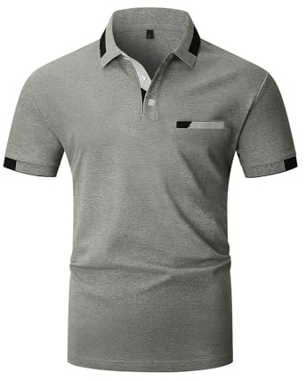 VHUQGVU Poloshirt Herren T Shirts Männer Kurzarm Baumwolle Hemd Klassisch Plaid Polos Kontrastfarbe Ausschnitt T-Shirt Sommer,Grau Y42,XXL