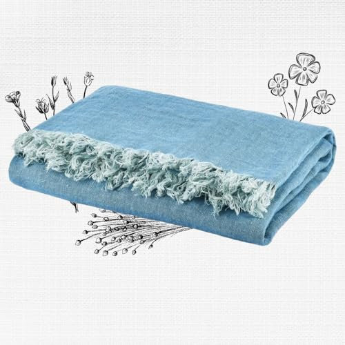 LINAS Leinen Tagesdecke 136x180 cm – Blau Premium Bettdecke, Boho Bettüberwurf, Skandinavisch Design Sofaüberwurf, Couch Überwurf Decke für Sofa & Bett, Couchdecke, Atmungsaktive Kuscheldeck, Plaid