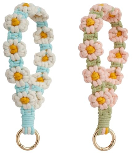 YaLiyA 2 Stück Makramee Schlüsselanhänger Armband, Handgefertigter Armband Schlüsselband Kurz Boho Handgelenk Lanyard, Niedlicher Gänseblümchen Schlüsselanhänger für Schlüssel, Autoschlüsseln