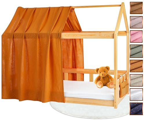 Lovely Hippo Lona para Cama de cabaña, 100% algodón, Muselina Cielo de Cama Fabricado en Europa (Modelo 1 + Bolsa, Camel/Oro)