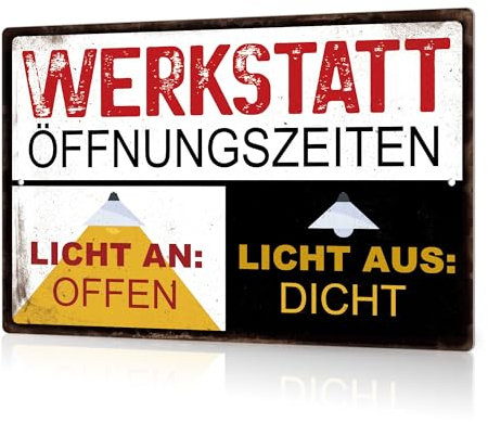 Putuo Decor 1 Stück deutsches Vintage-Metall-Blechschild, Werkstatt Offnungszeiten Licht An: Offen Licht Aus:Dicht, Wanddekoration für Zuhause, Bauernhaus, Bar, Pub, Club, Männerhöhle, 7,8 x 11,8 Zoll
