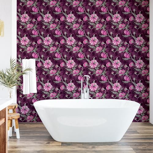 ABAKUHAUS Jardin Papier peint autocollant pour la maison, Motif Aquarelle De Coquelicots, Accent de salon et de cuisine auto-adhésif, 33 cm x 90 cm, Magenta Foncé Violet
