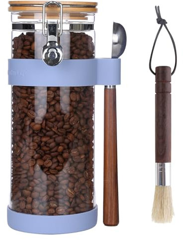 Ken's Kithcen Bocal en Verre Hermétique 1.5L avec Cuillère - Conservation Grains de Café 500g, Thé, Sucre, Céréales - Boîte Stockage Alimentaire (bleu clair)