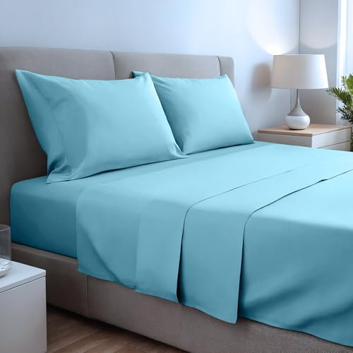 Set lenzuola matrimoniali king size 4 Pezzi 180x190/200, lenzuola matrimoniale in microfibra di poliestere spazzolata. Lenzuolo Piatto, Lenzuolo con Angoli regolabili e 2 federe. Colore Acqua