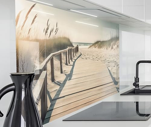 timalo Spritzschutz Wand für Herd, Küche Küchenrückwand Glasoptik | Acryl Glas 2mm | Glasrückwand Acrylglas Wandpaneele Rückwandschutz Platte | 160x50cm Strand Sand Steg