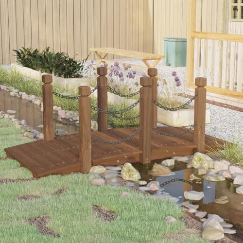 JUDYY Gartenbrücke mit Kettengeländer 150x67x56 cm Massivholz Fichte, Teich Deko, Deko Garten, Teichbrücke, Garden Bridges, Gartendekoration Groß363358