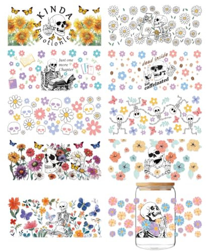 GOMAKERER 10 Blatt Skelett UV DTF Cup Wrap Für 16OZ Glas Blumen Schmetterlinge Totenkopf Abziehbilder Zum Aufreiben Kinda Emotionless Transferaufkleber PVC Cup Wrap Für DIY Flaschen Halloween Basteln