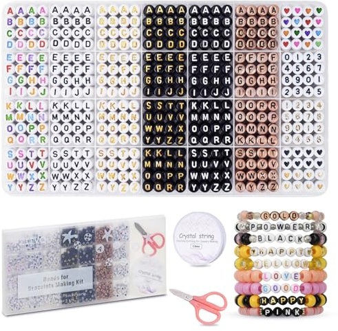 FZIIVQU Buchstabperlen Armband Machen Set, 6 Arten von runden Buchstaben Perlen Kit Acryl Alphabetperlen Und Auch Zahl Herz Beads Perlen für armbänder