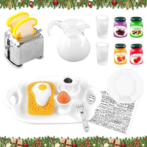 GreenYeah 17PCS Miniatur Zubehör Frühstück, Puppenhaus Miniatur Frühstück, Miniatur Puppenhaus Frühstücksszenen Set, Puppenhaus Wichteltür Frühstück Set für Puppenhaus Dekoratio