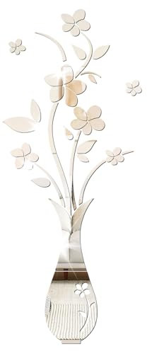 3D Mirror Stickers, Acrylic Flowers Mirror Wall Decals, DIY Vase Art Home Decor for Living Room Bedroom,DIY Walls Decor for TV Background and Sofa Backdrop (Sliver)