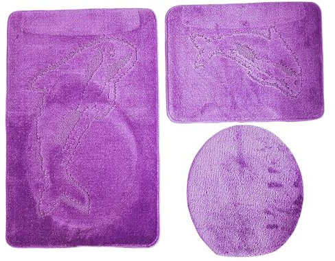 3- teiliges Badvorleger Set Ilkadim Export mit Delphin Muster, Bad Teppich 55cm X 85cm ohne Auschnit gerade für Hänge WC (Lila)