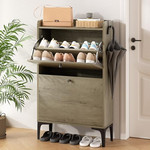 Dripex Schuhschrank, Schuhkipper mit 2 Flip-Schubladen,Schuhregal schmal mit Metallfüßen, verstellbaren Fächern für den Eingang, Flur, Wohnzimmer (Grau, 80cm)
