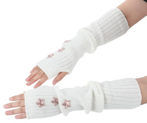 JJUNW Fingerlose Gestrickt Handschuhe, Winter Gestrickte Handschuhe für Damen Armstulpen Pulswärmer Damen Lange Fingerlose Handschuhe Warm Strick Handschuhe Unisex(Weiß)