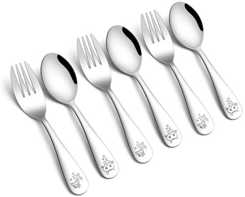 Kinderbesteck Set, Onader 6-teilig Edelstahl Kinder Besteck Set mit Gravur, Kleiner Besteckset Kindergeschirr mit 3 x kindergabel und 3 x Kinderlöffel für Kleinkind, Gesund & Spülmaschinenfest