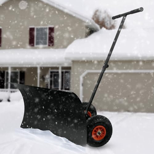Soontrans Schneeschaufel mit Räder, Erleichtert das Schneeräumen Enorm, Ergonomischer Schneeschieber mit 5-Richtungen Drehbare Schild & 5-Positionen Höhenverstellbarer Griff & Stahlblech & Leise Lippe