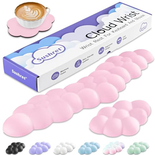 Sushret Handballenauflage Tastatur Wolke, Ergonomisches Handauflage Tastatur Wolke Mit PU Leder Memory Schaum, Cloud Wrist Rest, Niedliche Wolken Handgelenkstütze Maus Für PC Gaming Zubehör – Rosa