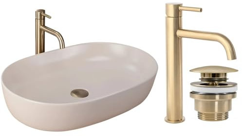 GTM Design Aufsatzwaschbecken Matt Set mit Waschtischbatterie und Stopfen - Aufsatzwaschbecken Oval für Badezimmer - Modern Waschbecken ohne Hahnloch - Waschbecken mit Armature - Modell 2