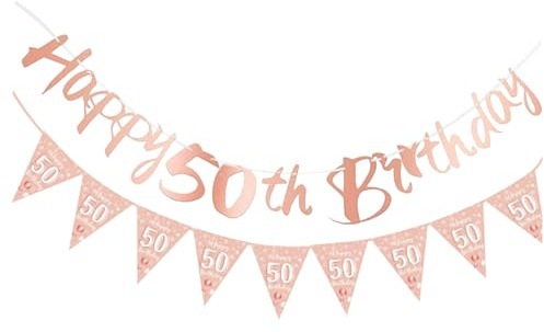 Happy 50th Birthday Banners for Women,50th Birthday Decorations,Rose Gold Party Decoration Bday Banner Bunting Ceiling Topper Paper Garlands Kit,for Photo Backdrop Party Personalised Number Decs
