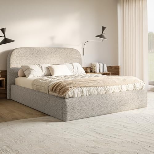 MOTIVENA Mono Bett 120x200 Beige Strukturstoff, mit Stauraum, mit Kopfteil, mit Lattenrost, ohne Füße, mit Matratze H3/H4, Polsterbett 120x200 mit Bettkasten Beige (Mix)