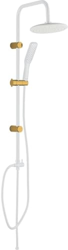 SIGO Alanis Duschsäule ohne Batterie, Duschset, Duschkopf mit Schlauch, Duschsystem, Regenduschset mit Kopfbrausen Rund, Regendusche, Duschstange und Duscharmatur, Armaturen, Handbrause (Weiß/Gold)