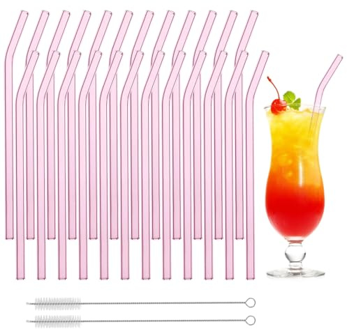 24 PCS Reusable Pink Glass Straws, Bent High Borosilicate Drinking Straws for Smoothies, Milkshakes, Hot and Cold Beverages, Clear Glass Straws with 2 Cleaning Brushes