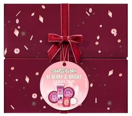 Soap & Glory 5 Piece Gift Set with Body Wash, Body Butter, Body Scrub, Bath Fizzer and Scented Candle, Berry Fragrance