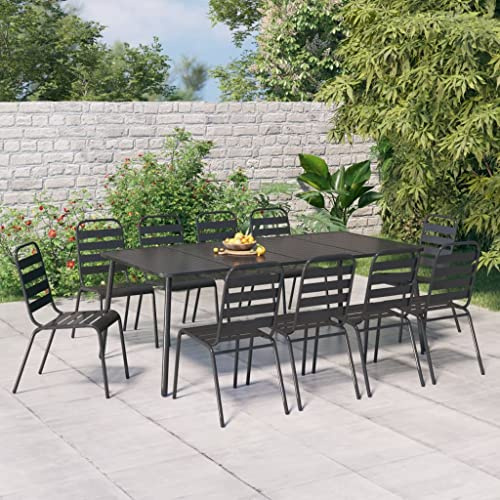 YuuSsea 11-TLG. Garten-Essgruppe Anthrazit Stahl, 200x100cm Tisch mit 10 Stapelstühlen, Rostschutz, für Terrasse, Balkon, Garten, Outdoor-Möbel