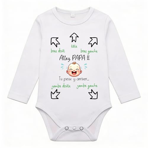 maroma [1] Body Bebe Personnalisé Humour Naissance Garçon/Fille Papa Tu Peux y Arriver/le Faire/Body Futur Papa Cadeau Original Marraine Parrain Bapteme (Manches Longues, 0-3 Mois)