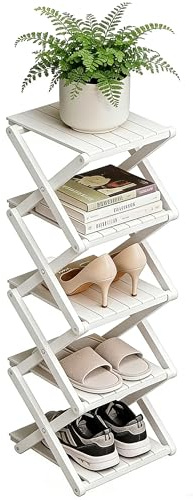 Zapatero de bambú - No requiere montaje, organizador de zapatos plegable, estantería multifuncional para recibidores, rincones y dormitorios, 5 estantes, color blanco (reforzado y de mayor grosor)