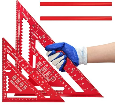 Carpenter's Square Set, 2 delar (180 mm & 300 mm/7 tum–12 tum) – precisionsvinkelmätare och anslagvinkel, metall-fyrkantig för exakt 45° och 90° mätning, inkl. platt stift