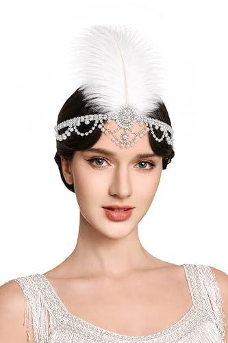 BABEYOND Serre-tête style années 1920-1920-1920, postiche à plumes vintage avec strass, coiffe Gatsby rugissante pour femme (argenté)