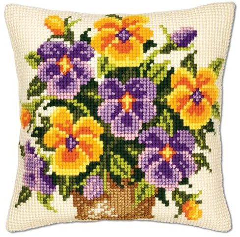 Vervaco Yellow and Purple Pansies Cross Stitch Cushion, Multi-Colour