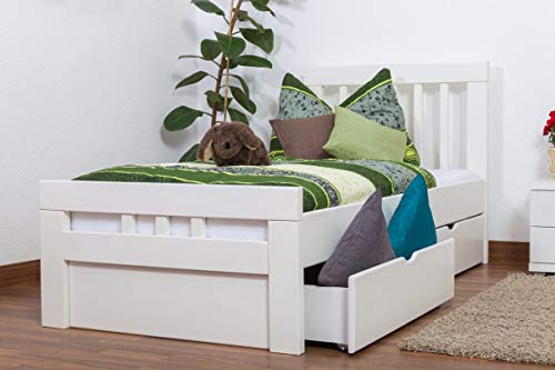 Einzelbett/Gästebett Easy Premium Line K8 inkl. 2 Schubladen und 1 Abdeckblende, 90 x 200 cm Buche Vollholz massiv weiß lackiert