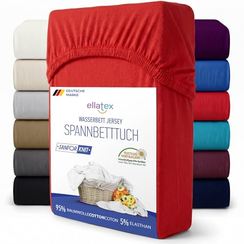 EllaTex Spannbettlaken 180x200–200x220 extra hoch 40 cm – 200 g/m² Baumwolle-Elastan, Spannbetttuch für Boxspringbett & Wasserbett, elastisch & strapazierfähig, Farbe: Rot