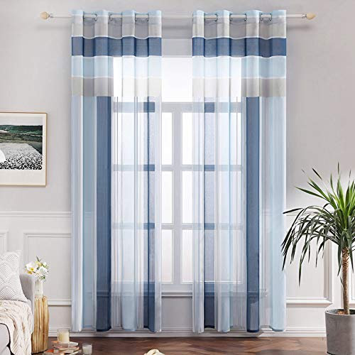 MIULEE Voile Vorhang Transparente Gardine aus Voile mit Ösen Schlaufenschal Ösenschals Transparent Fensterschal Wohnzimmer Schlafzimmer 2er Set 140x225 cm Himmelblau + Dunkelblau