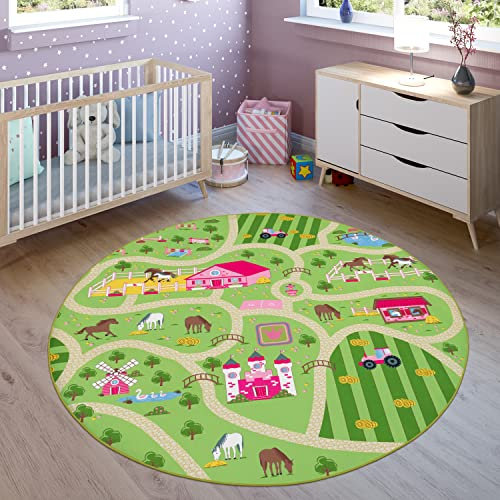 Paco Home Kinder-Teppich Für Kinderzimmer, Spiel-Teppich Mit Landschaft und Pferden rutschfest In Grün, Grösse:Ø 200 cm Rund