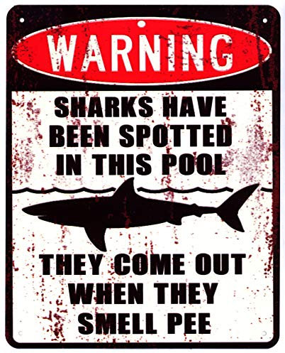 Blechschild Warning Sharks in this Pool Hai 20 x 25 cm Deko Schild mit Aufdruck Aufschrift